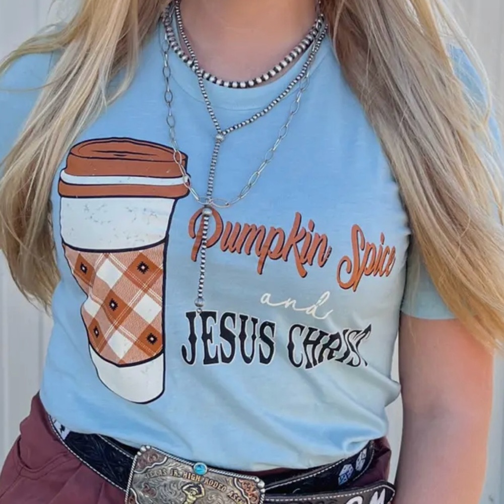 Blue Graphic Tee with Pumpkin Spice Design New